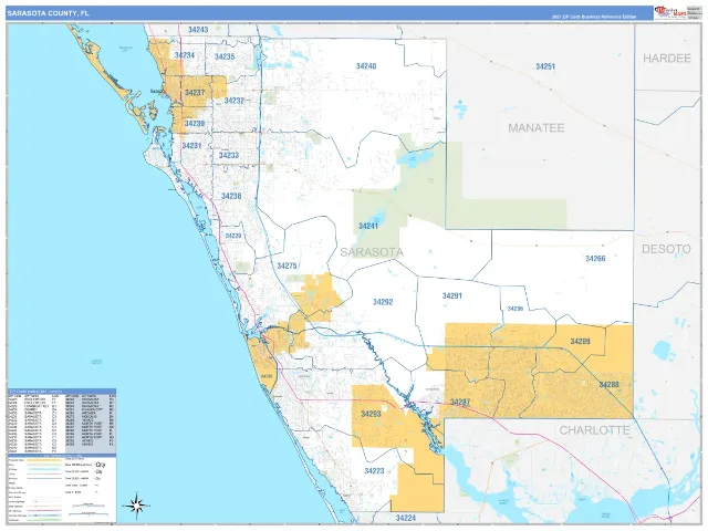 Sarasota County, FL ZIP Code Wall Map, Business Reference style