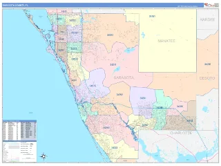 Sarasota County, FL ColorCast style ZIP Code wall map