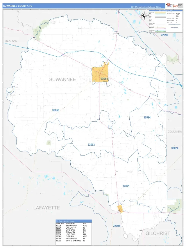 Suwannee County, FL ZIP Code Wall Map, Business Reference style