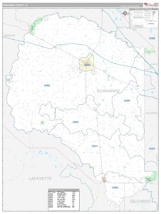 Suwannee County, FL ZIP Code Wall Map, Classic style