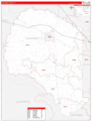 Suwannee County, FL RedLine style ZIP Code wall map