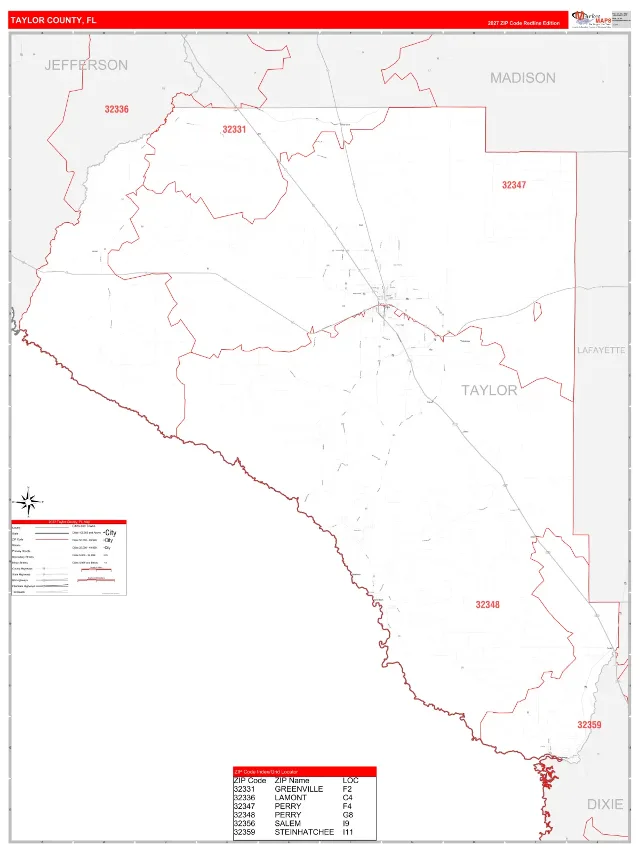 Taylor County, FL ZIP Code Wall Map, RedLine style