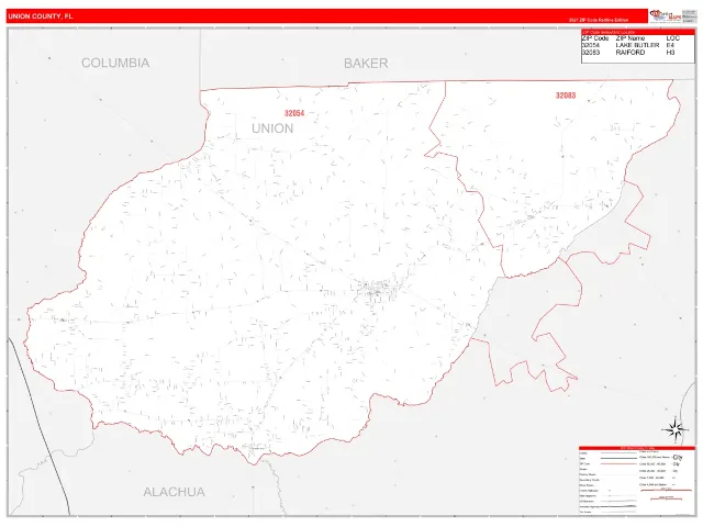 Union County, FL ZIP Code Wall Map, RedLine style