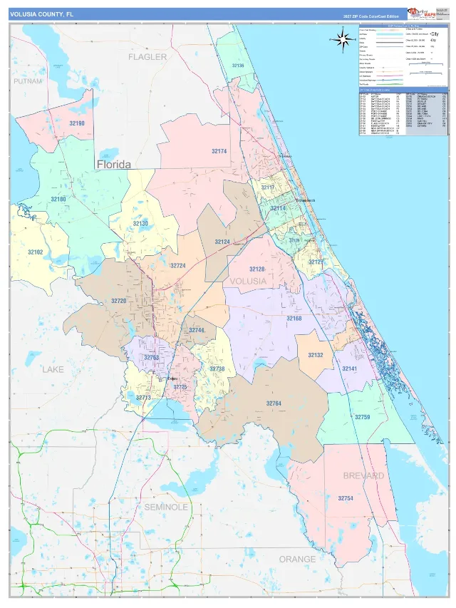 Volusia County, FL ZIP Code Wall Map, ColorCast style