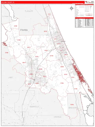 Volusia County, FL RedLine style ZIP Code wall map