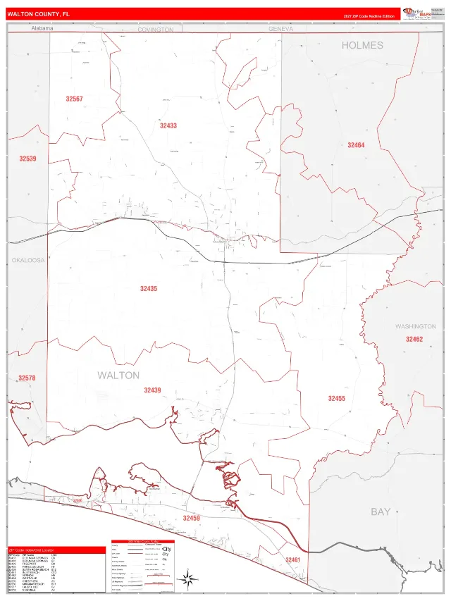 Walton County, FL ZIP Code Wall Map, RedLine style