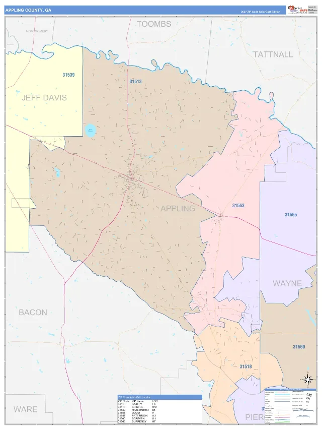 Appling County, GA ZIP Code Wall Map, ColorCast style