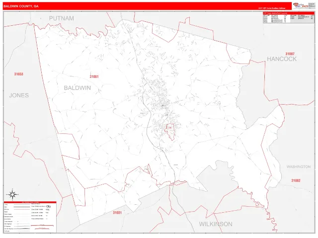 Baldwin County, GA ZIP Code Wall Map, RedLine style