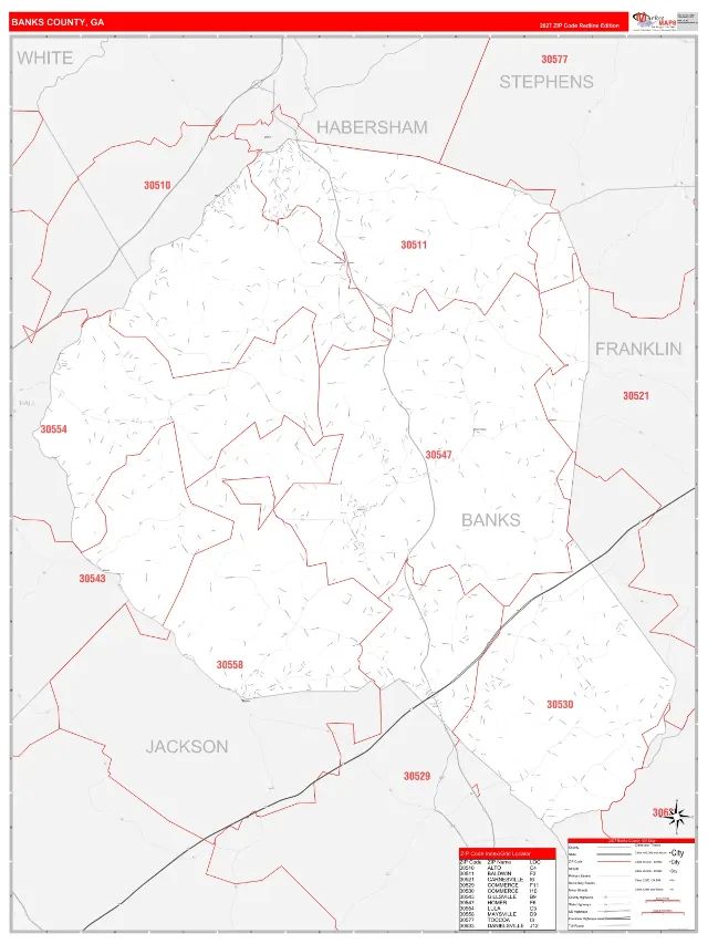Banks County, GA ZIP Code Wall Map, RedLine style