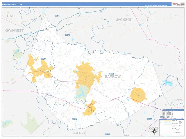 Barrow County, GA ZIP Code Wall Map, Business Reference style