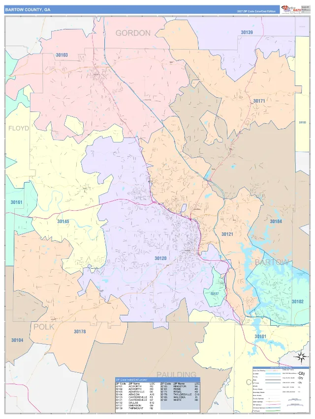 Bartow County, GA ZIP Code Wall Map, ColorCast style