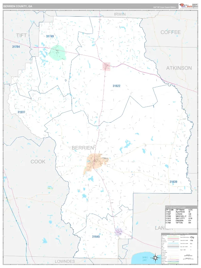 Berrien County, GA ZIP Code Wall Map, Classic style
