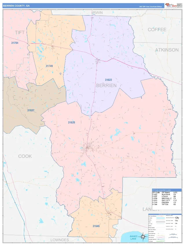 Berrien County, GA ZIP Code Wall Map, ColorCast style