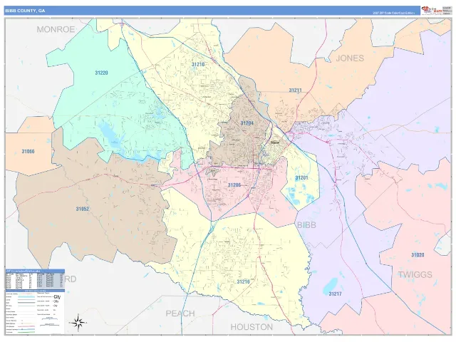 Bibb County, GA ZIP Code Wall Map, ColorCast style