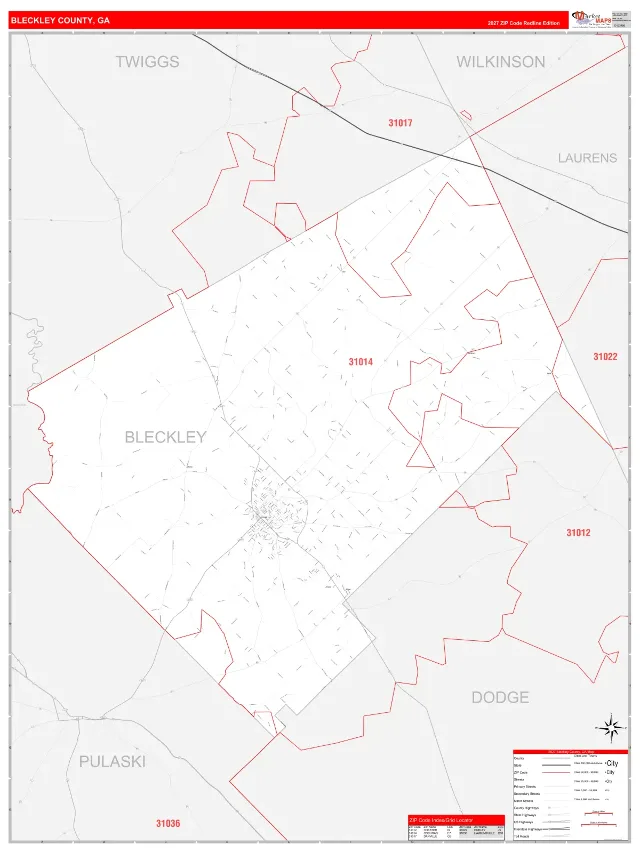 Bleckley County, GA ZIP Code Wall Map, RedLine style