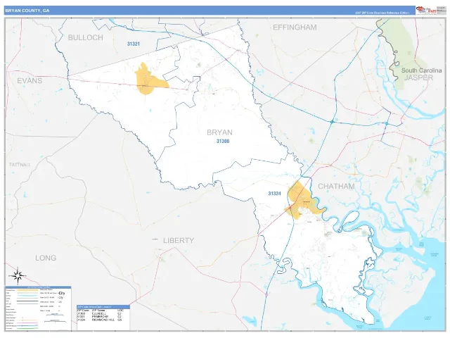 Bryan County, GA ZIP Code Wall Map, Business Reference style