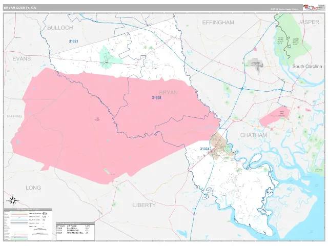 Bryan County, GA ZIP Code Wall Map, Classic style