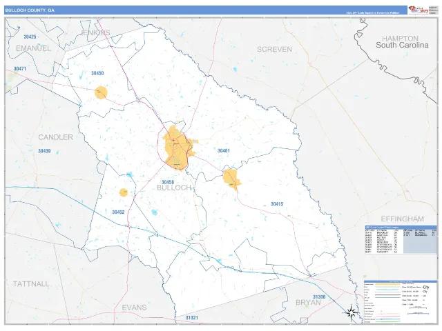 Bulloch County, GA ZIP Code Wall Map, Business Reference style