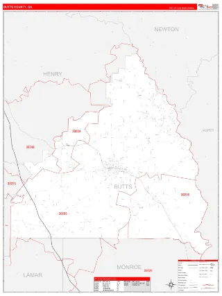 Butts County, GA RedLine style ZIP Code wall map