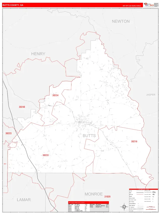 Butts County, GA ZIP Code Wall Map, RedLine style