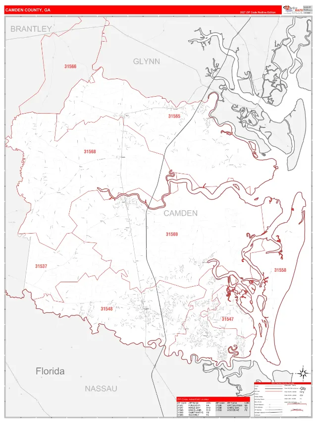 Camden County, GA ZIP Code Wall Map, RedLine style