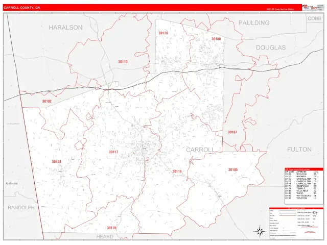 Carroll County, GA ZIP Code Wall Map, RedLine style