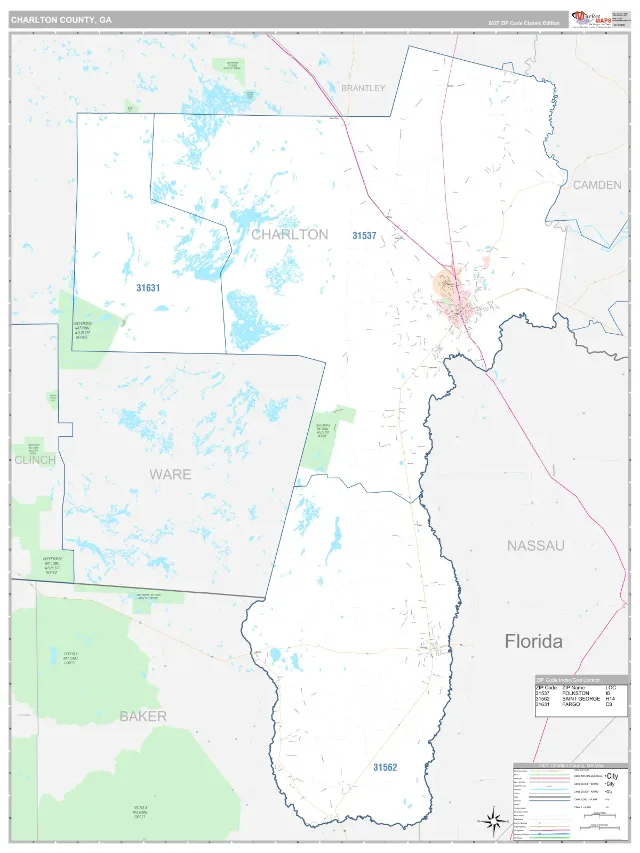 Charlton County, GA ZIP Code Wall Map, Classic style