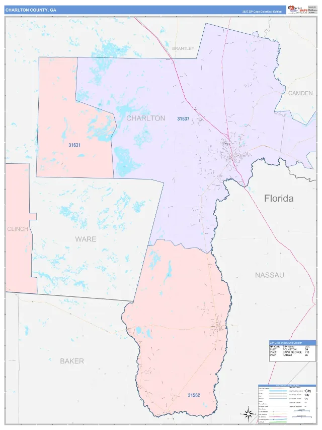 Charlton County, GA ZIP Code Wall Map, ColorCast style
