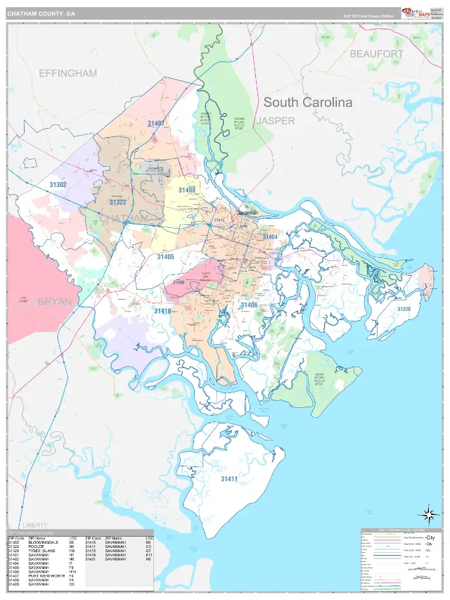 Chatham County, GA ZIP Code Wall Map, Classic style