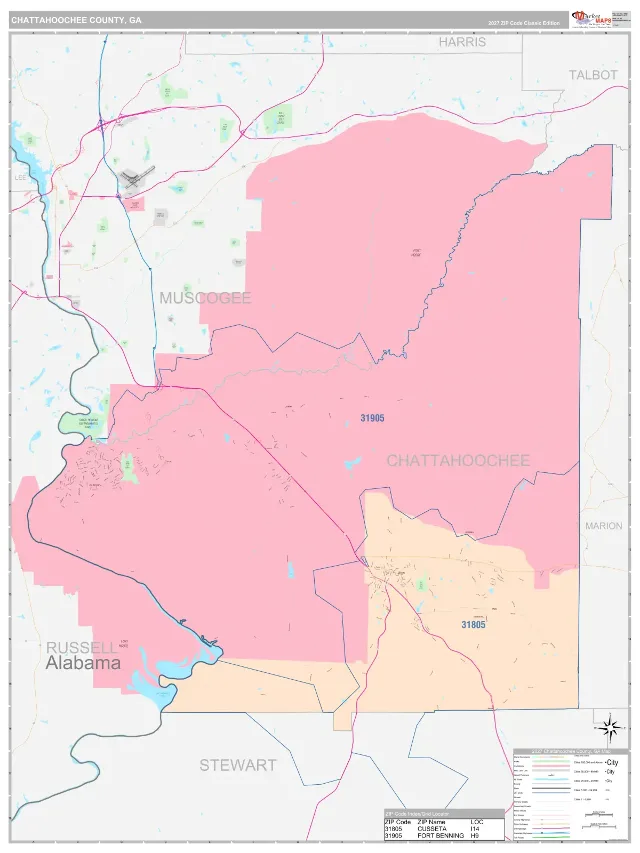 Chattahoochee County, GA ZIP Code Wall Map, Classic style