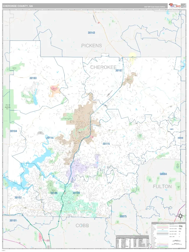 Cherokee County, GA ZIP Code Wall Map, Classic style