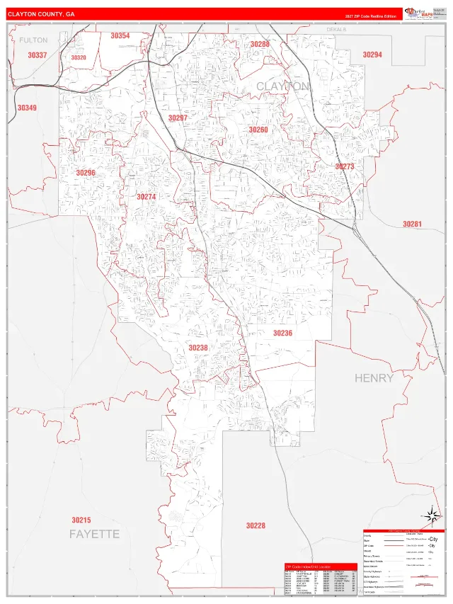 Clayton County, GA ZIP Code Wall Map, RedLine style