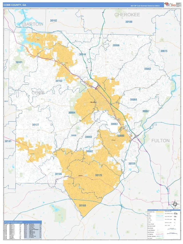 Cobb County, GA ZIP Code Wall Map, Business Reference style
