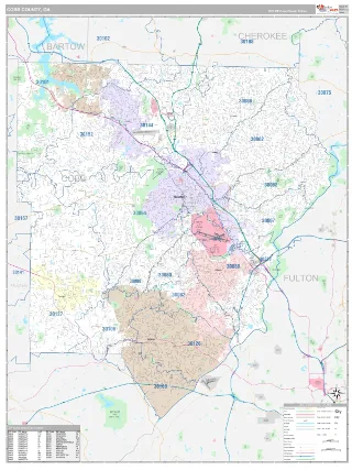 Cobb County, GA Classic style ZIP Code wall map