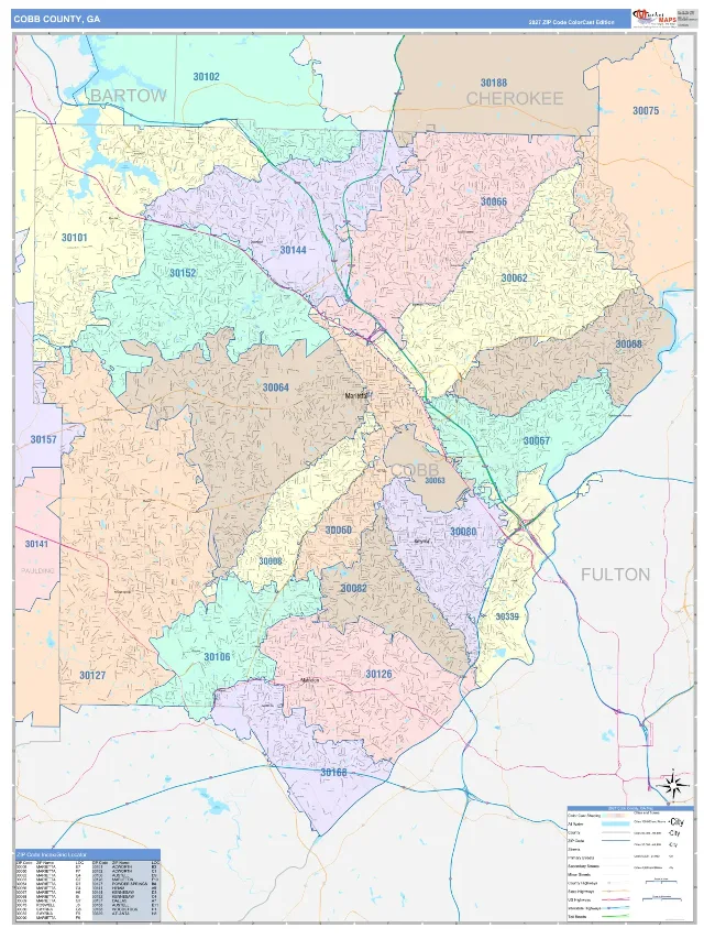 Cobb County, GA ZIP Code Wall Map, ColorCast style