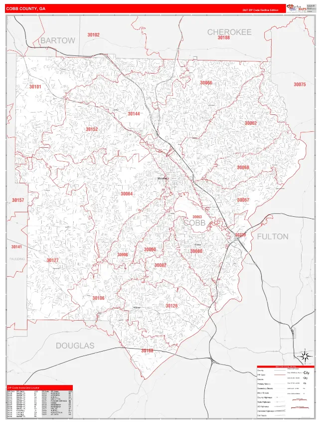Cobb County, GA ZIP Code Wall Map, RedLine style