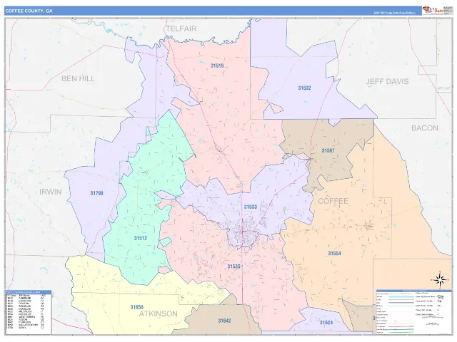 Coffee County, GA ZIP Code Wall Map, ColorCast style