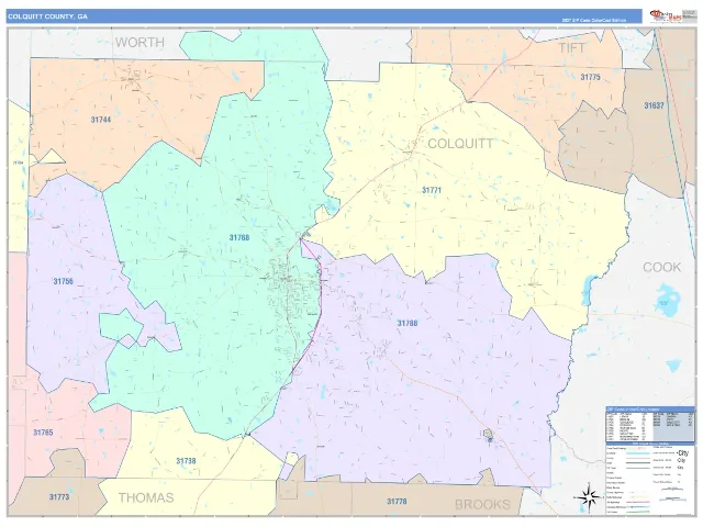 Colquitt County, GA ZIP Code Wall Map, ColorCast style