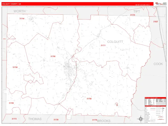 Colquitt County, GA ZIP Code Wall Map, RedLine style