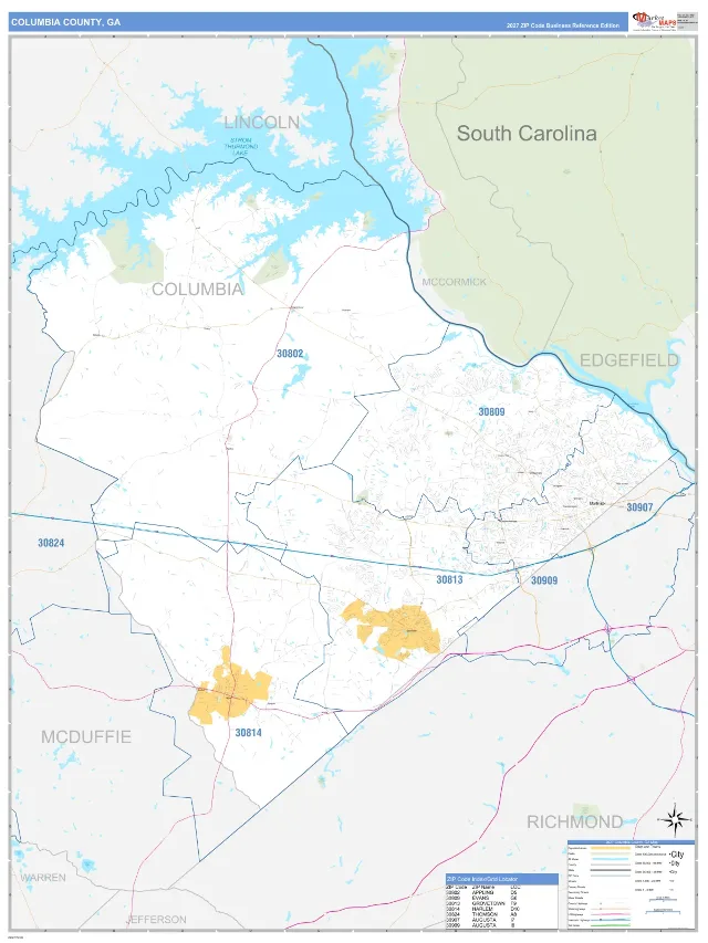 Columbia County, GA ZIP Code Wall Map, Business Reference style