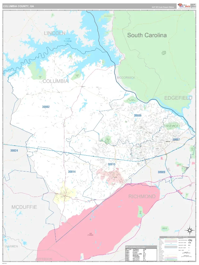 Columbia County, GA ZIP Code Wall Map, Classic style