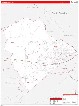 Columbia County, GA RedLine style ZIP Code wall map