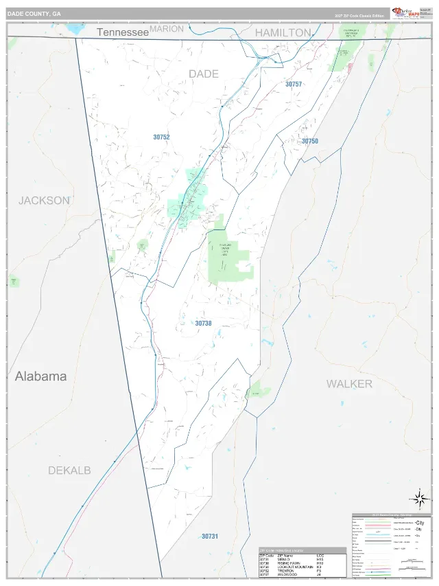 Dade County, GA ZIP Code Wall Map, Classic style