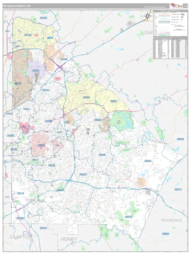 DeKalb County, GA ZIP Code Wall Map, Classic style