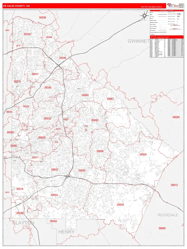 DeKalb County, GA ZIP Code Wall Map, RedLine style