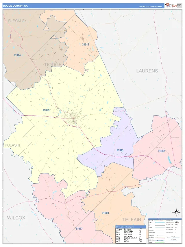 Dodge County, GA ZIP Code Wall Map, ColorCast style