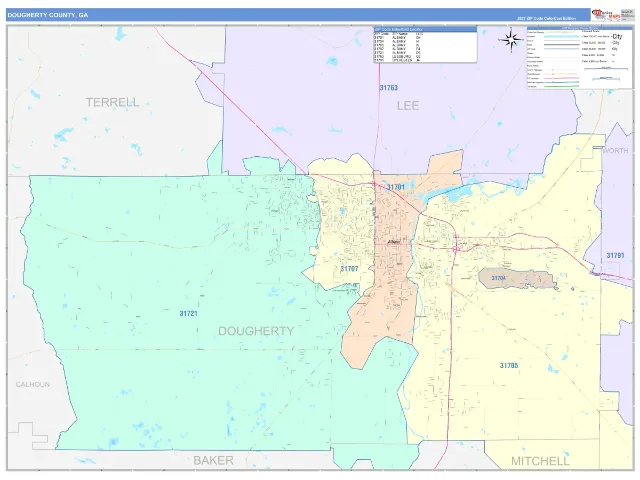 Dougherty County, GA ZIP Code Wall Map, ColorCast style
