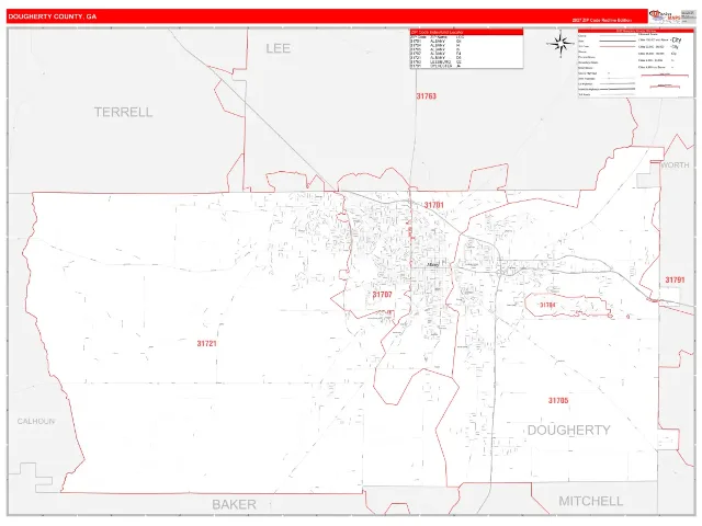 Dougherty County, GA ZIP Code Wall Map, RedLine style