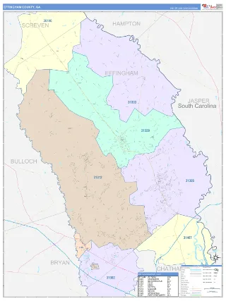 Effingham County, GA ColorCast style ZIP Code wall map