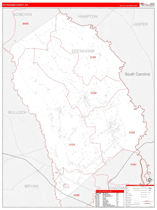Effingham County, GA ZIP Code Wall Map, RedLine style